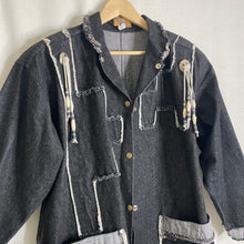 Load image into Gallery viewer, Vintage Black Denim Fringe Jacket w/ Western Beads XL
