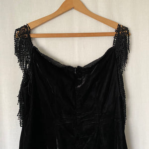 Vintage Black Velvet Cocktail Dress with Fringe Trim XL