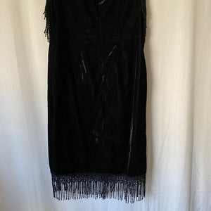 Vintage Black Velvet Cocktail Dress with Fringe Trim XL