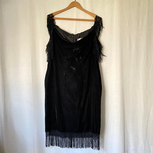 Vintage Black Velvet Cocktail Dress with Fringe Trim XL