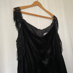 Vintage Black Velvet Cocktail Dress with Fringe Trim XL