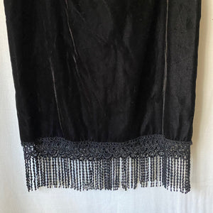 Vintage Black Velvet Cocktail Dress with Fringe Trim XL